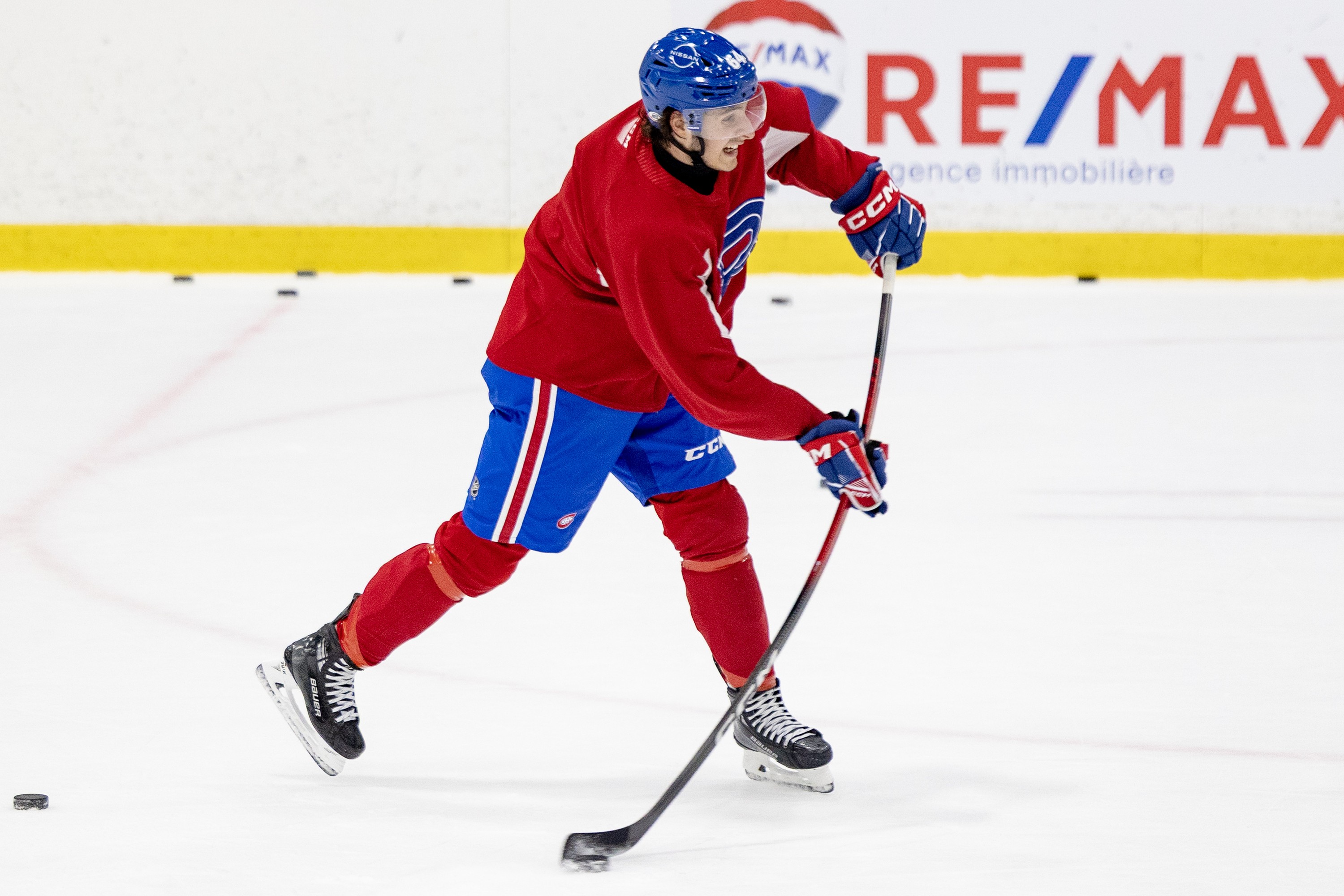 Rocket defenceman David Reinbacher takes a shot during a practice in Laval on May 27, 2025.