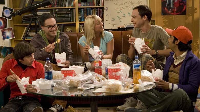 Howard Wolowitz, Leonard Hofstadter, Penny, Sheldon Cooper, and Raj Koothrappali in The Big Bang Theory Season 1, Episode 1