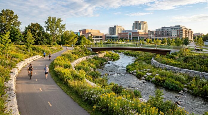 Riverwalk Downtown Brampton Flood Protection Riverwalk Downtown Brampton naturalized Etobicoke Creek channel with pedestrian pathways and green parkland