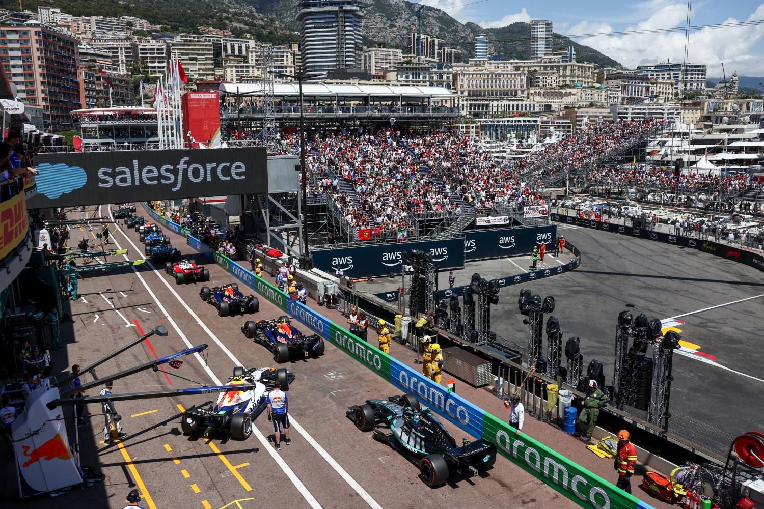Max Verstappen of the Netherlands driving the (3) Oracle Red Bull Racing RB22 Red Bull Ford Liam Lawson of New Zealand driving the (30) Visa Cash App Racing Bulls VCARB 03 RB Ford and George Russell of Great Britain driving the (63) Mercedes AMG Petronas F1 Team W17 in the Pitlane during final practice ahead of the F1 Grand Prix of Monaco at Circuit de Monaco on June 06, 2026 in Monte-Carlo, Monaco. (Photo by Peter Fox/Getty Images) // Getty Images / Red Bull Content Pool //