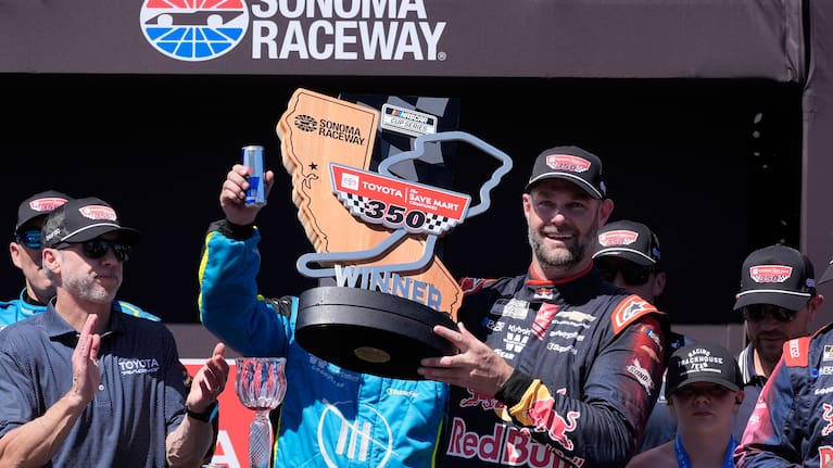 Shane van Gisbergen celebrates after winning a NASCAR Cup Series auto race at Sonoma Raceway, Sunday, June 28, 2026, in Sonoma