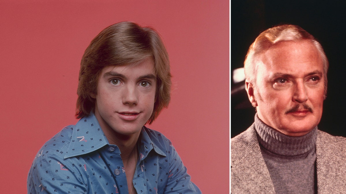Split photo of Shaun Cassidy in a 1977 gallery portrait for The Hardy Boys/Nancy Drew Mysteries, and Jack Cassidy performing onstage in the 1975 play Murder Among Friends.