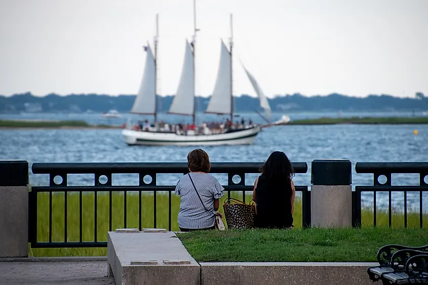Boats sailing in Charleston Harbor, South Carolina, in the evening