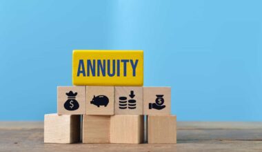 A yellow wooden block with the word 'ANNUITY' in blue text is stacked on four smaller natural wood blocks. These bottom blocks feature black icons: a money bag with a dollar sign, a piggy bank, stacks of coins with a downward arrow, and a hand holding a dollar bill. Below these are three empty natural wood blocks, all set on a wooden surface against a light blue background.