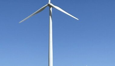 Single wind turbine with one black blade against blue sky, black blade bird fatalities study, Spain, spanish wind farm