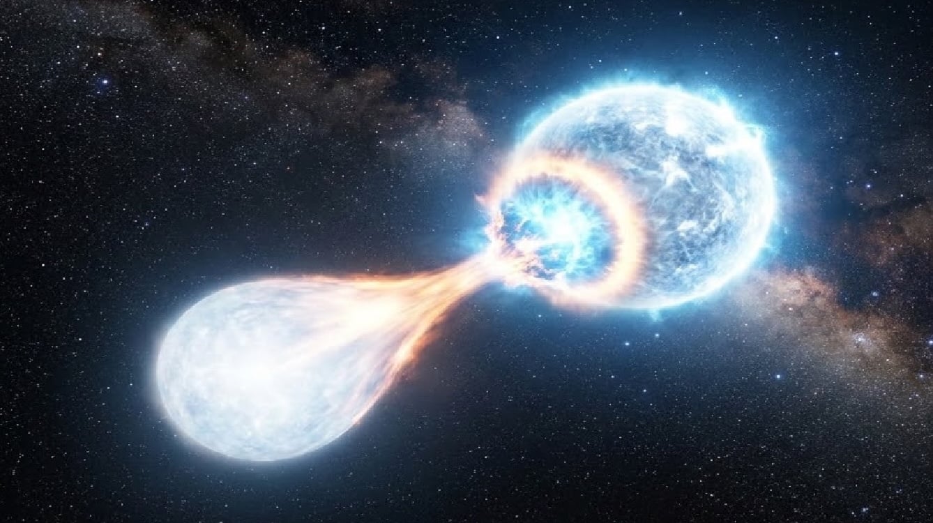 Artistic impression of the double white dwarf binary eRASSU J0608. Credit: Inter-University Centre for Astronomy and Astrophysics