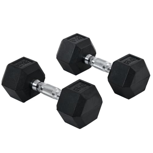 Homcom 2x8kg Rubber Hex Dumbbell Set Anti-Rolling Free Weights Dumbbells