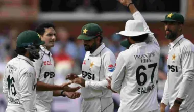 pakistan s muhammad abbas 2l celebrates with teammates after taking the wicket of england s dan lawrence on day four of the second test match between england and pakistan at lord s cricket ground in london on august 30 2026 photo afp