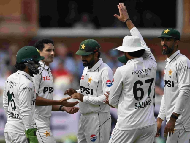 pakistan s muhammad abbas 2l celebrates with teammates after taking the wicket of england s dan lawrence on day four of the second test match between england and pakistan at lord s cricket ground in london on august 30 2026 photo afp