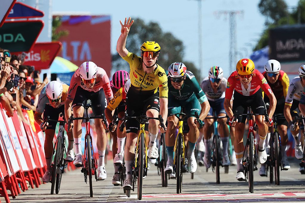 Matthew Brennan (Visma-Lease a Bike) wins stage 16 of the 2026 Vuelta a Espa&ntilde;a in Palos de la Frontera, Spain. (Photo by Alexander Hassenstein/Getty Images)