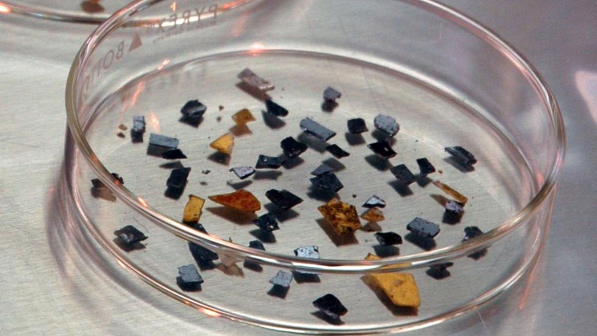 Fragments of NASA's shattered Genesis sample cansiter with solar wind samples