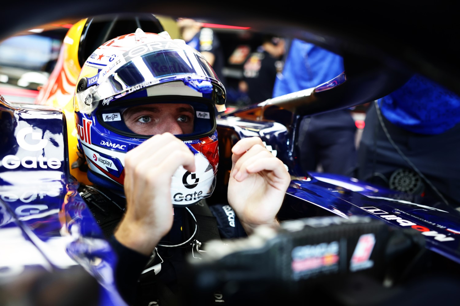 Max Verstappen of the Netherlands and Oracle Red Bull Racing prepares to drive in the garage prior to practice ahead of the F1 Grand Prix of Azerbaijan at Baku City Circuit on September 24, 2026 in Baku, Azerbaijan. (Photo by Mark Thompson/Getty Images) // Getty Images / Red Bull Content Pool //