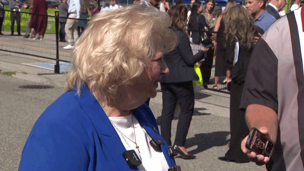Surrey Mayor Brenda Locke at the site of the demolition of a grocery store to begin the construction of a new arena. 