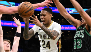 BOSTON, MASSACHUSETTS - APRIL 10: Jordan Hawkins #24 of the New Orleans Pelicans reacts after being fouled by Max Shulga #44 of the Boston Celtics during the second half at the TD Garden on April 10, 2026 in Boston, Massachusetts.