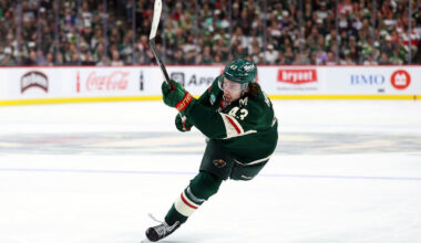 ST PAUL, MINNESOTA - APRIL 22: Quinn Hughes #43 of the Minnesota Wild shoots the puck against the Dallas Stars in the second period of Game Three of the First Round of the 2026 Stanley Cup Playoffs at Grand Casino Arena on April 22, 2026 in St Paul, Minnesota. The Stars defeated the Wild 4-3 in double overtime.