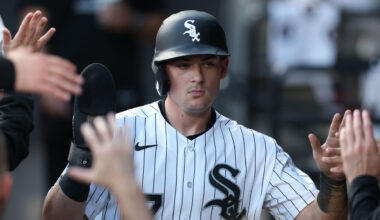 CHICAGO, ILLINOIS - AUGUST 25: Sam Antonacci #17 of the Chicago White Sox high fives teammates after scoring a run against the Texas Rangers during the first inning at Rate Field on August 25, 2026 in Chicago, Illinois.