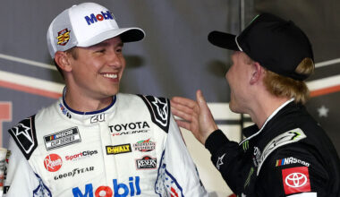 DARLINGTON, SOUTH CAROLINA - SEPTEMBER 06: Christopher Bell, driver of the #20 Mobil 1 Toyota, (L) is congratulated by Ty Gibbs, driver of the #54 Monster Energy Toyota, in victory lane after winning the NASCAR Cup Series Cook Out Southern 500 at Darlington Raceway on September 06, 2026 in Darlington, South Carolina.