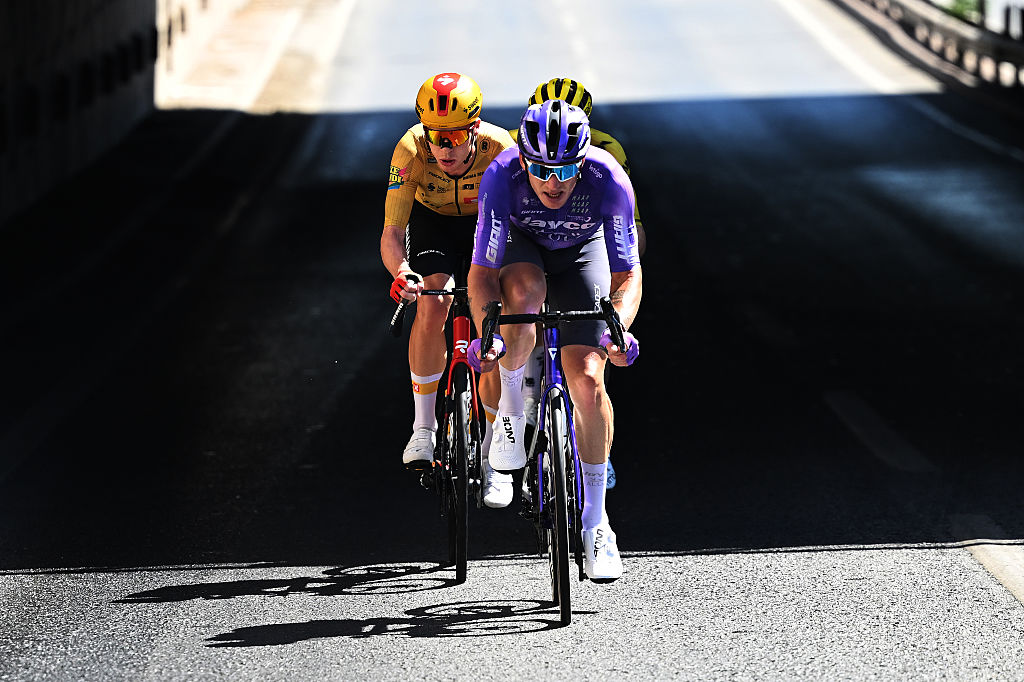 ESTEPONA​, SPAIN - SEPTEMBER 11: (L-R) Andreas Leknessund of Norway and Team Uno-X Mobility and Jasha Sutterlin of Germany and Team Jayco AlUla compete in the breakaway during the La Vuelta - 81st Tour of Spain 2026, Stage 19 a 210.8km stage from Velez-Malaga to Penas Blancas. Estepona 1274m / #UCIWT / on September 11, 2026 in Estepona, Spain. (Photo by Tim de Waele/Getty Images)
