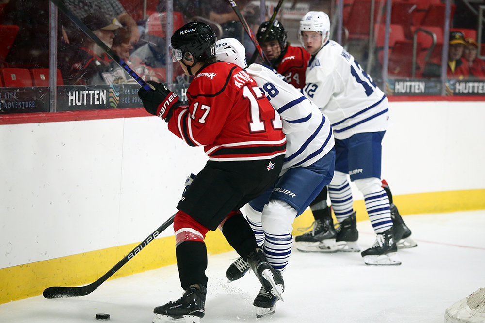 Dillon Atkison hits Sean Matthew Goyette in the first period as the Owen Sound Attack play the Brampton Steelheads in preseason action inside the Bayshore on Thursday, Sept. 10, 2026. Greg Cowan/The Sun Times
