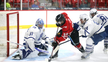 Alex Lisi tries to find the rebound in front of goaltender Neillan Johnson as the Owen Sound Attack play the Brampton Steelheads in preseason action inside the Bayshore on Thursday, Sept. 10, 2026. Greg Cowan/The Sun Times