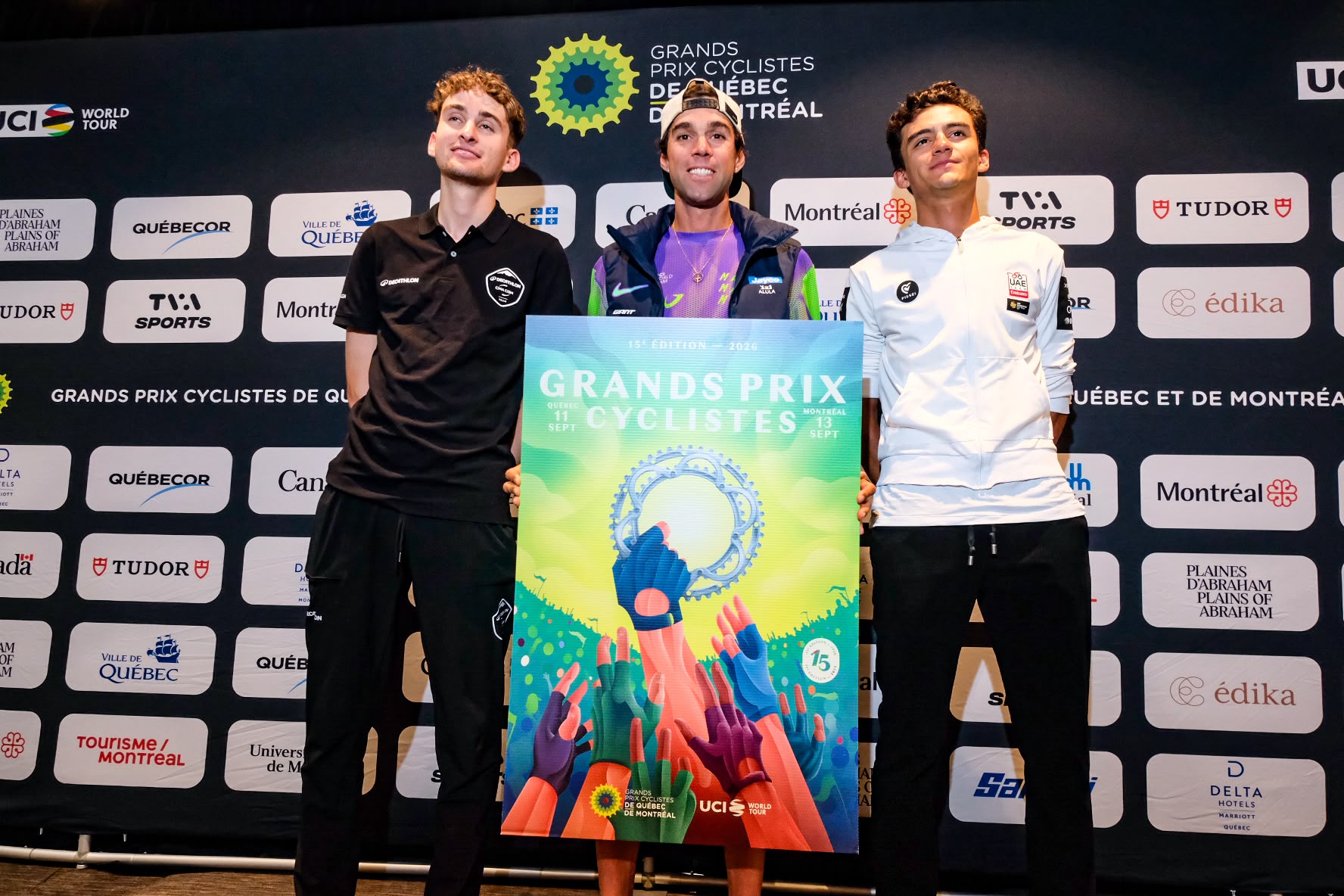 Paul Seixas, Michael Matthews and Isaac del Toro pose at a GP de Qu&eacute;bec media event
