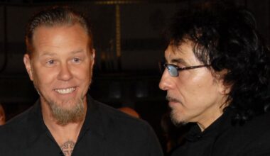 Kirk Hammett and James Hetfield of Metallica with Tony Iommi of Black Sabbath, inductee, 2006