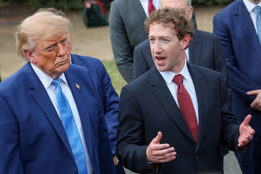 Mark Zuckerberg speaks alongside President Donald Trump during a press briefing with AI executives following a meeting on artificial intelligence.