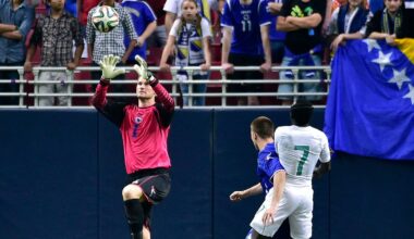 May 30, 2014; St. Louis, MO, USA; Bosnia goalkeeper Asmir Begovic (1) makes a save against Ivory Coast during a soccer friendly at the Edward Jones Dome. Bosnia and Herzegovina defeated Ivory Coast 2-1. Mandatory Credit: Scott Rovak-USA TODAY Sports