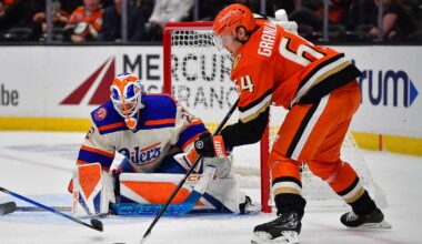 Oct 7, 2026; Anaheim, California, USA; Edmonton Oilers goalie Devon Levi (27) defends the goal against Anaheim Ducks center Mikael Granlund (64) during the third period at Honda Center. Mandatory Credit: Gary A. Vasquez-Imagn Images