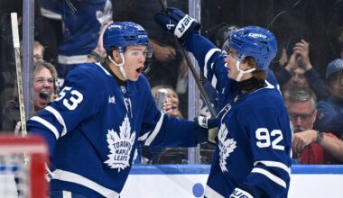Sep 30, 2026; Toronto, Ontario, CAN;  Toronto Maple Leafs forward Easton Cowan (53) celebrates with forward Gavin McKenna (92) after scoring a goal against the New York Islanders in the first period at Scotiabank Arena.  Mandatory Credit: Dan Hamilton-Imagn Images