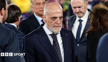 La Liga president Javier Tebas is pictured at an event, wearing a suit and tie