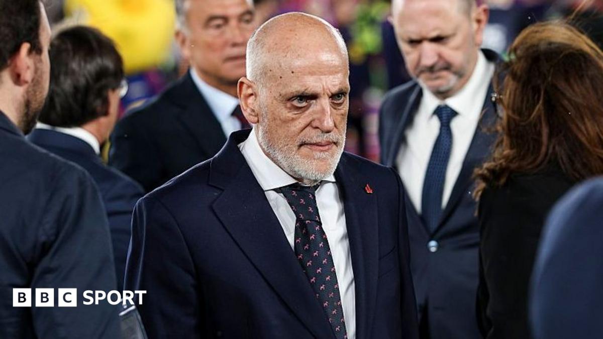 La Liga president Javier Tebas is pictured at an event, wearing a suit and tie