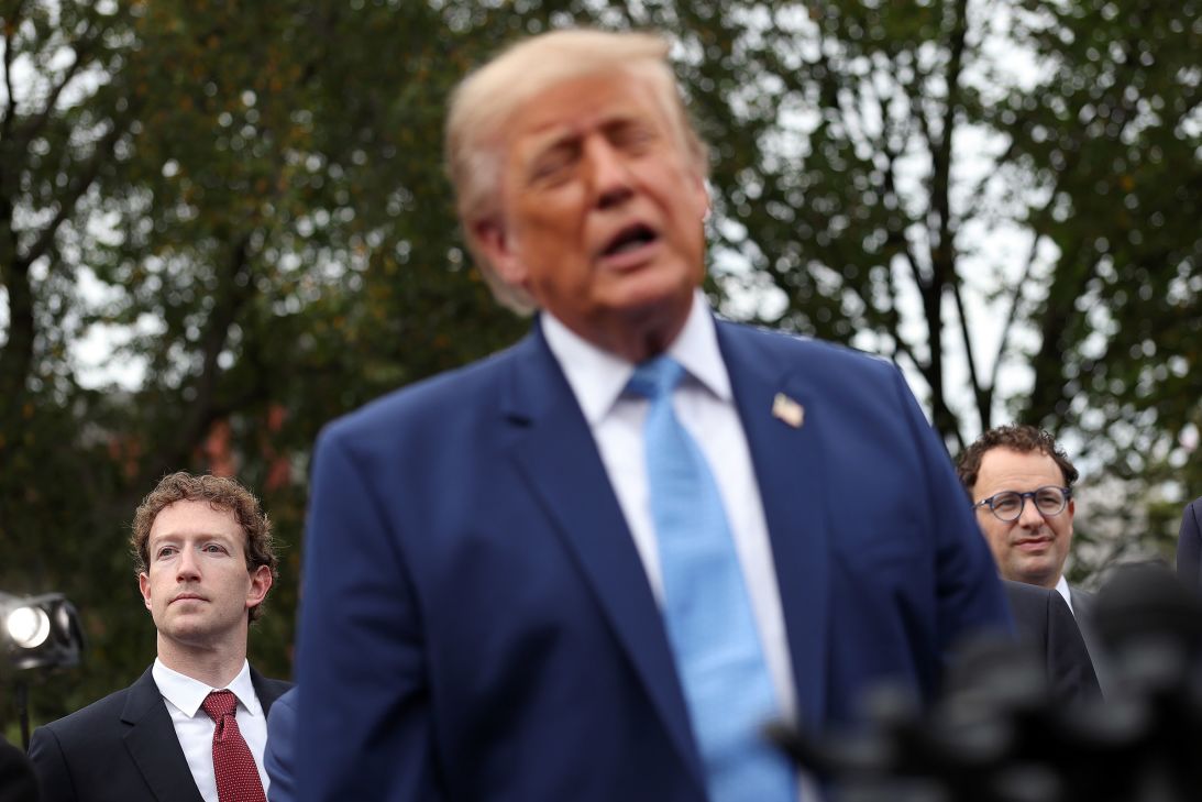 Mark Zuckerberg, CEO of Meta, and Dario Amodei, co-founder of Anthropic, listen as President Trump holds a press briefing outside the White House on September 29, 2026.