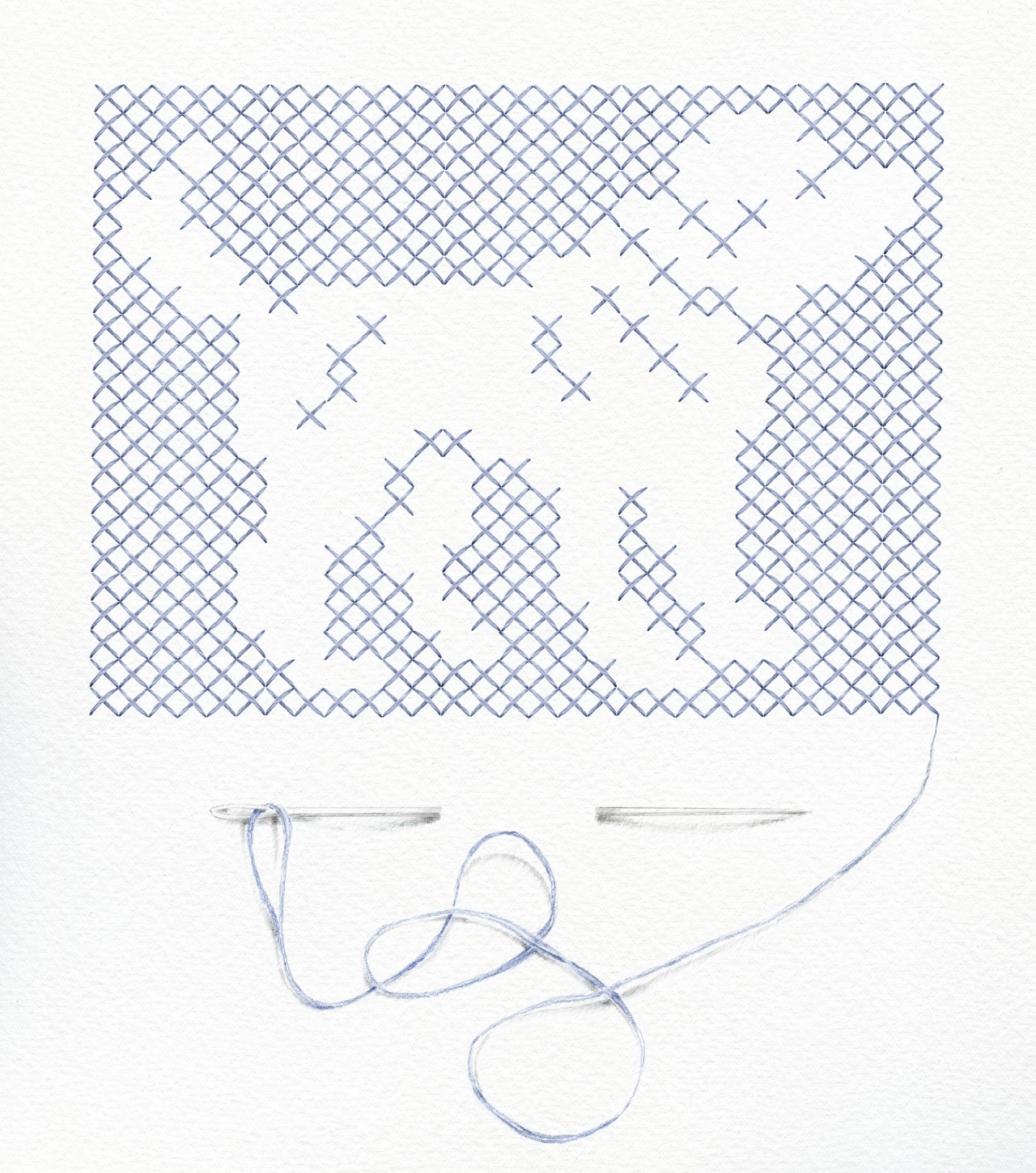Blue pencil sketch showing cross-stitched pattern with needle and thread coiled below it