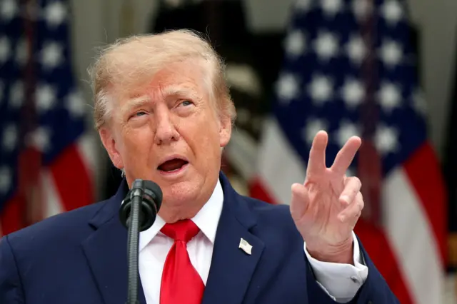 Donald Trump is seen talking in front of an American flag