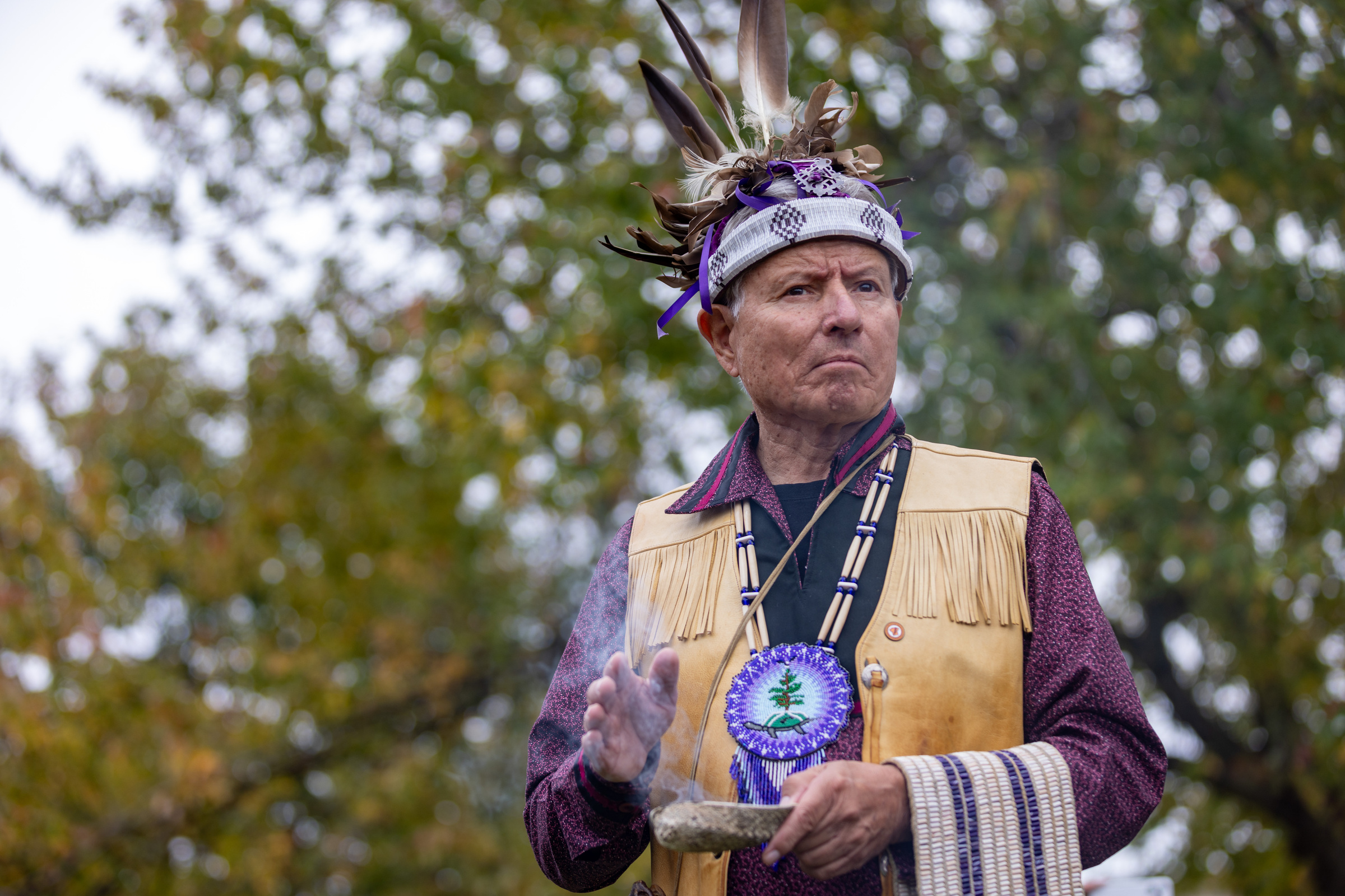 Kevin Deer is seen in traditional clothing.