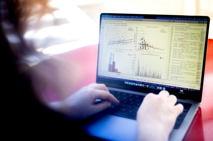 A laptop screen displays a scatter plot and columns of data. Savannah Reid has her hands poised on the keyboard, ready to type. 