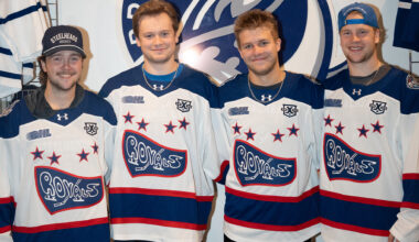 Four hockey players wearing Cornwall Royals jerseys