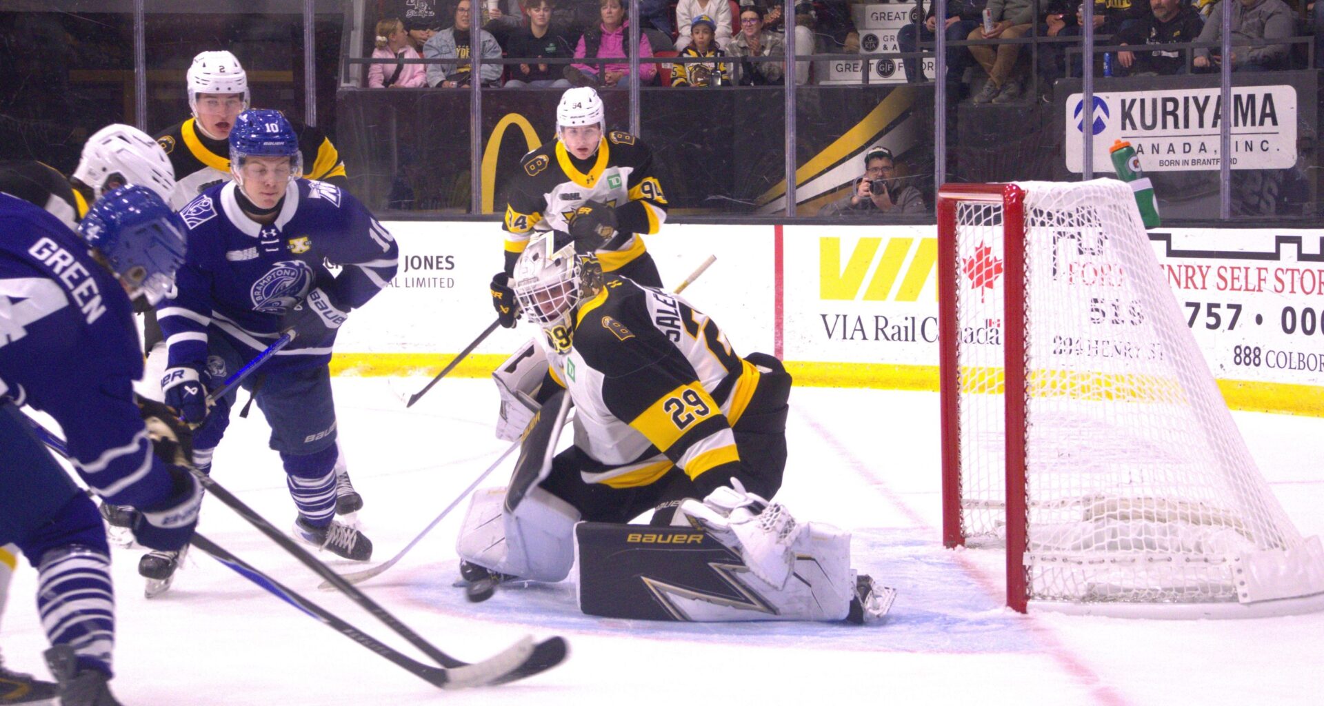 Brantford Bulldogs goaltender Vilmer Salen Forsberg makes a stop against the Brampton Steelheads during OHL action on Friday at the TD Civic Centre.