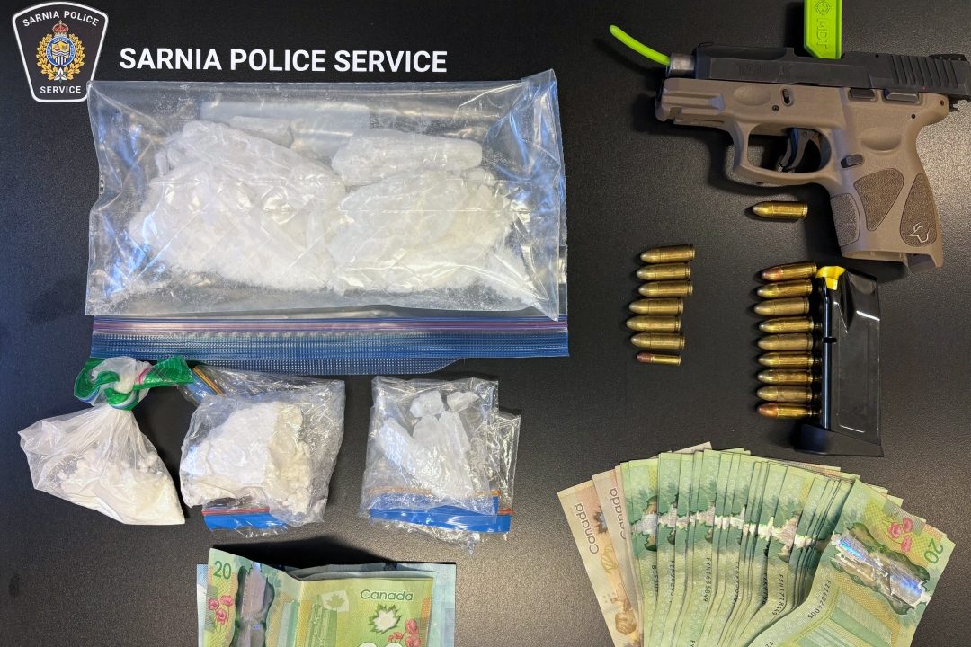 Drugs, cash, bullets and a gun are neatly laid out on a black table
