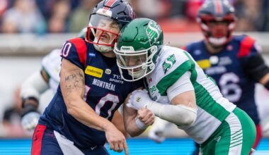 Montreal Alouettes quarterback Davis Alexander (10) is hit the head by Saskatchewan Roughriders defensive back Jaxon Ford (21)during the second half of a Canadian Football League game in Montreal on Monday, October 12, 2026. (Evan Buhler / MONTREAL GAZETTE)