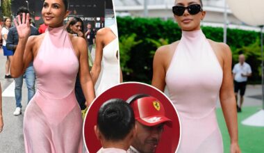 Kim Kardashian wears baby pink leotard, see-through skirt to support Lewis Hamilton at F1 Singapore