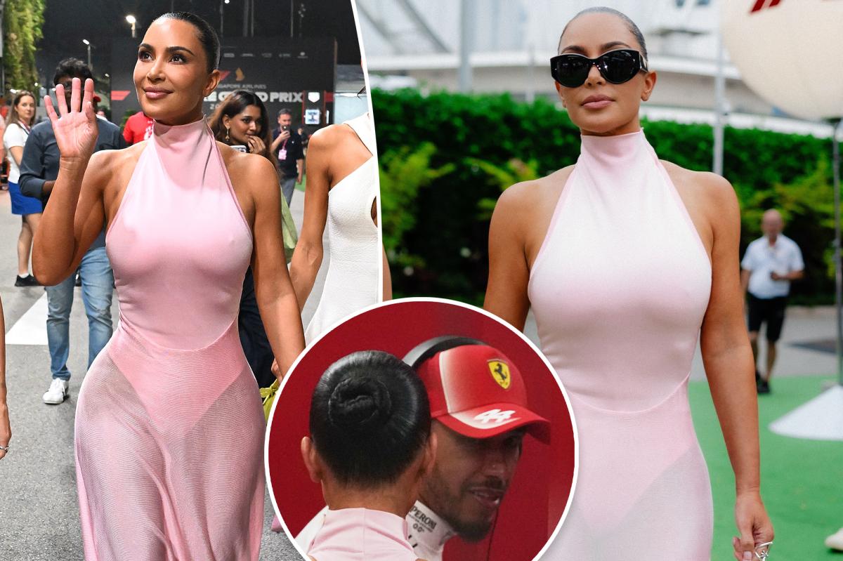 Kim Kardashian wears baby pink leotard, see-through skirt to support Lewis Hamilton at F1 Singapore