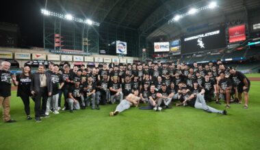 Chicago White Sox players and staff pose for a photo after winning baseball's American League Wild Card Series against the Houston Astros, Wednesday, Sept. 30, 2026, in Houston. (AP Photo / Karen Warren)