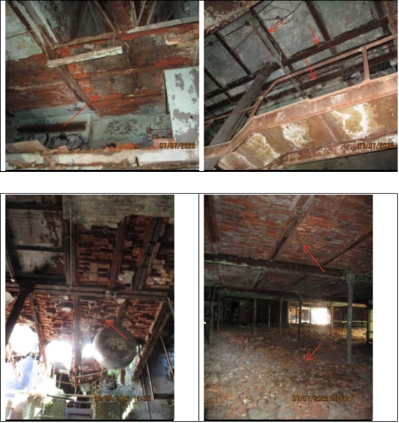 bricks crumbling through a roof