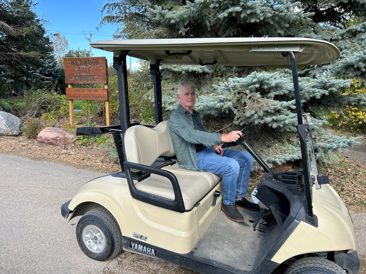a man sits behind the wheel of a golf cart on a sunny day