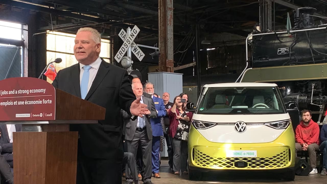 Ontario Premier Doug Ford speaks at a press conference announcing a deal with Volkswagen, which has agreed to build at massive EV battery plant in St. Thomas, Ont.
