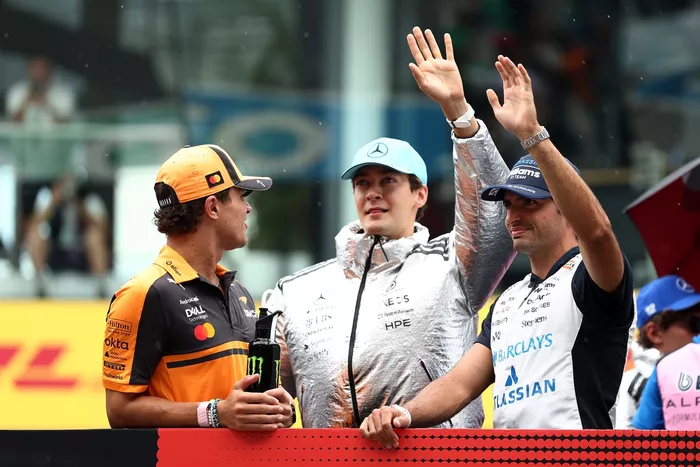 George Russell, Mercedes; Lando Norris, McLaren; Carlos Sainz, Williams
