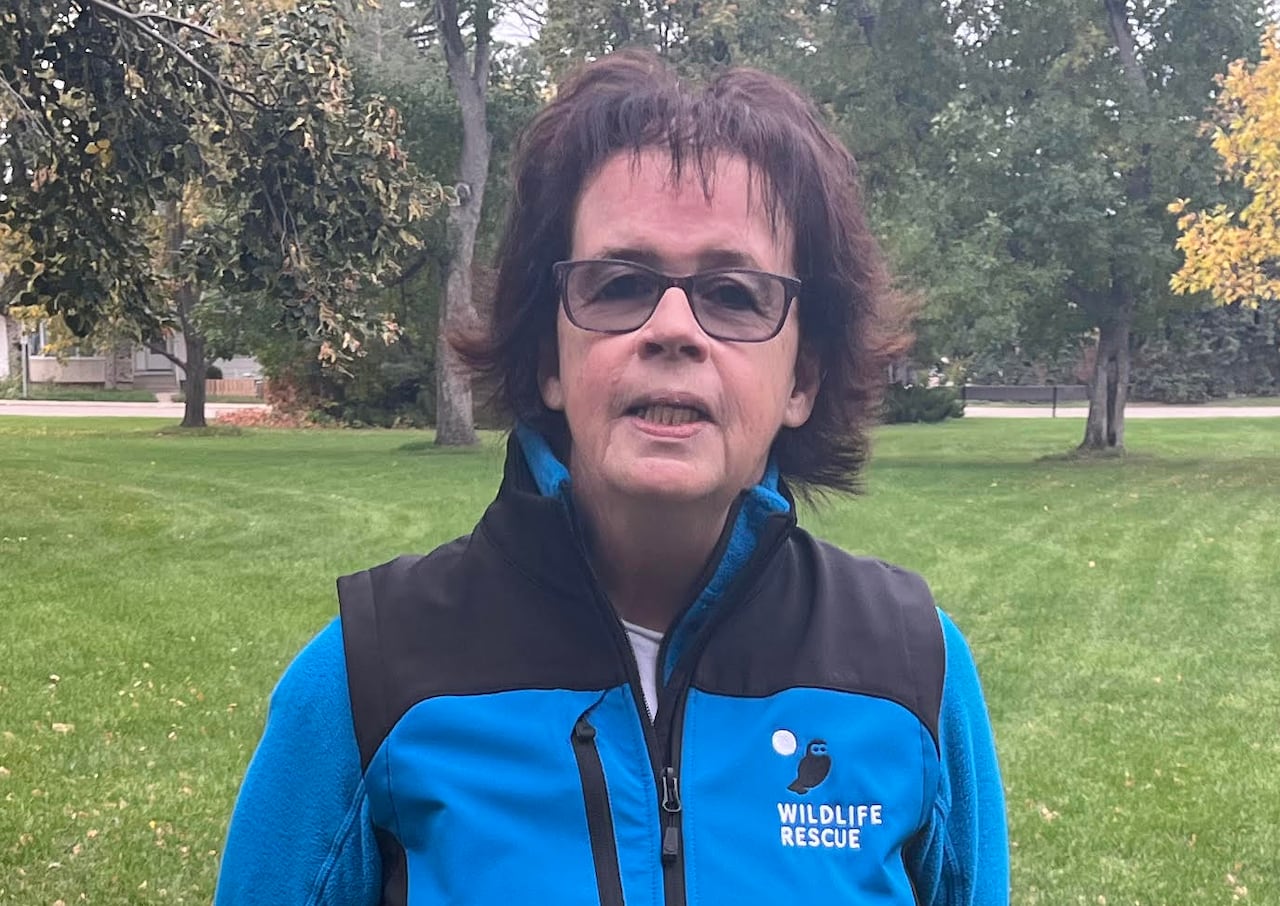 A woman stands in a park wearing a badge that says "Wildlife Rescue."
