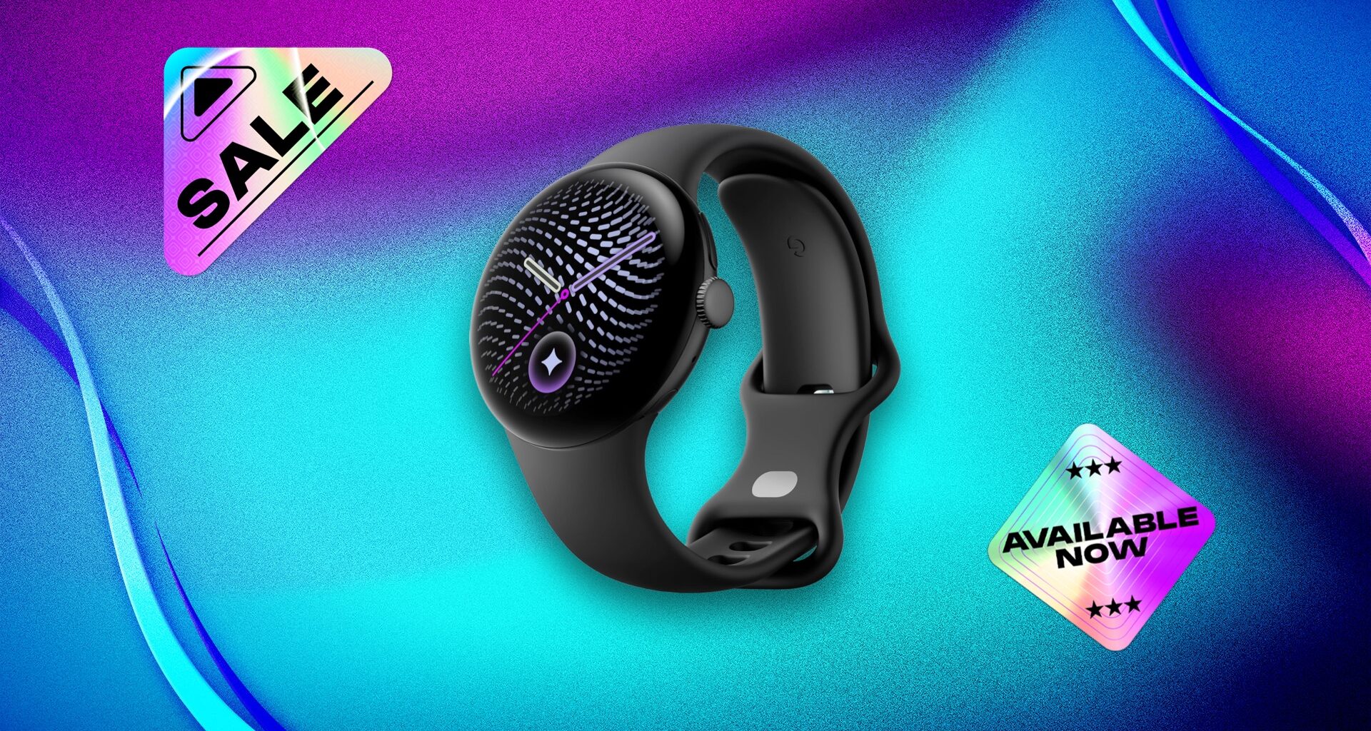 Google Pixel Watch 5 in Obsidian with a blue and purple background